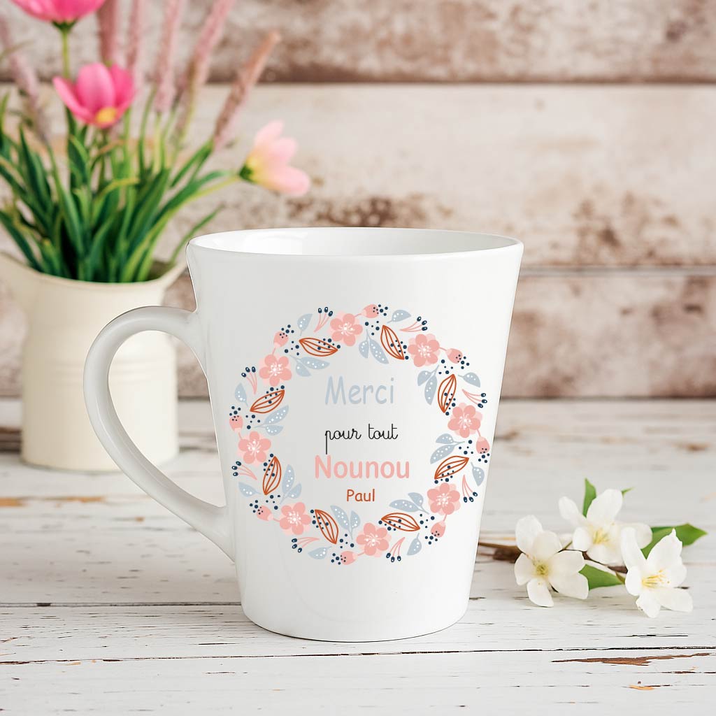 Mug conique “Merci pour tout Nounou” personnalisé – Cadeau nounou fin d’année ou Noël – Design pastel Bébé Panda
