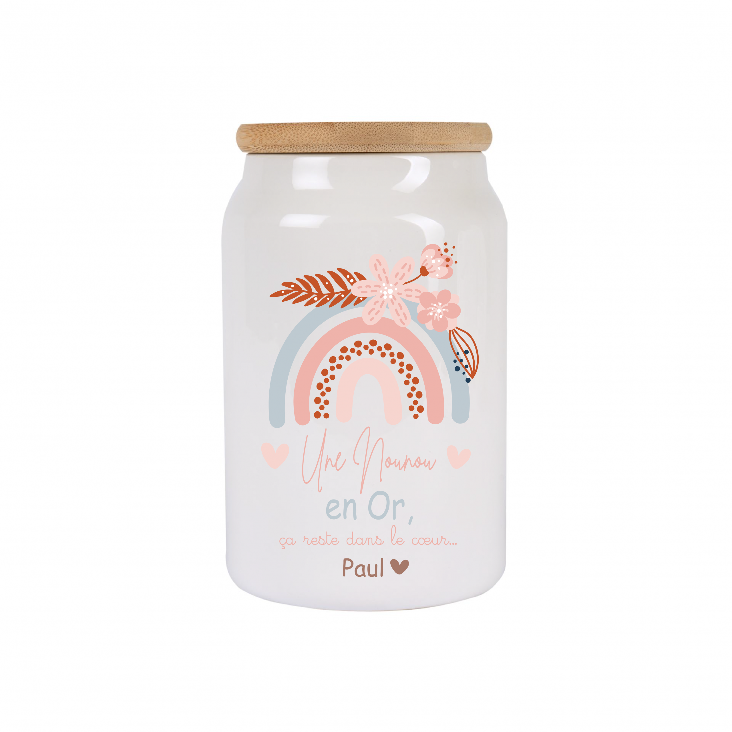 Pot à cookies personnalisable 500 ml “Une nounou en or” – Cadeau nounou – Cadeau fête des nounous ou Noël – Pot à biscuit céramique avec couvercle bambou – Image 5