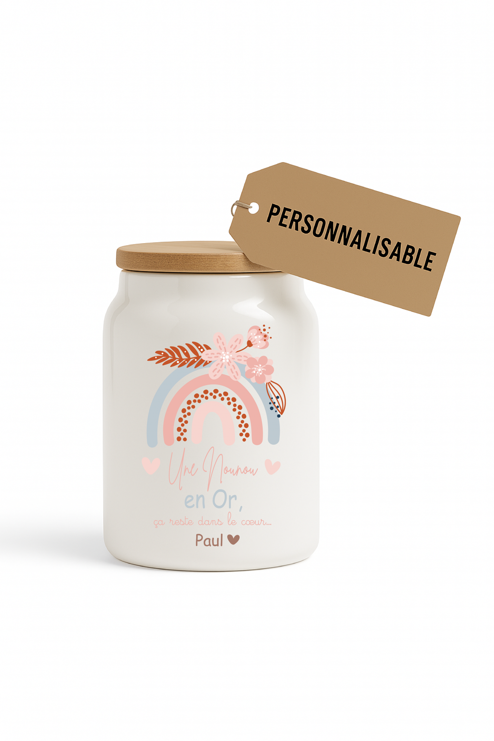 Pot à cookies personnalisable 500 ml “Une nounou en or” – Cadeau nounou – Cadeau fête des nounous ou Noël – Pot à biscuit céramique avec couvercle bambou – Image 4