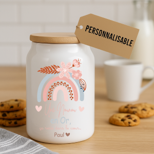 Pot à cookies personnalisable 500 ml “Une nounou en or” – Cadeau nounou – Cadeau fête des nounous ou Noël – Pot à biscuit céramique avec couvercle bambou
