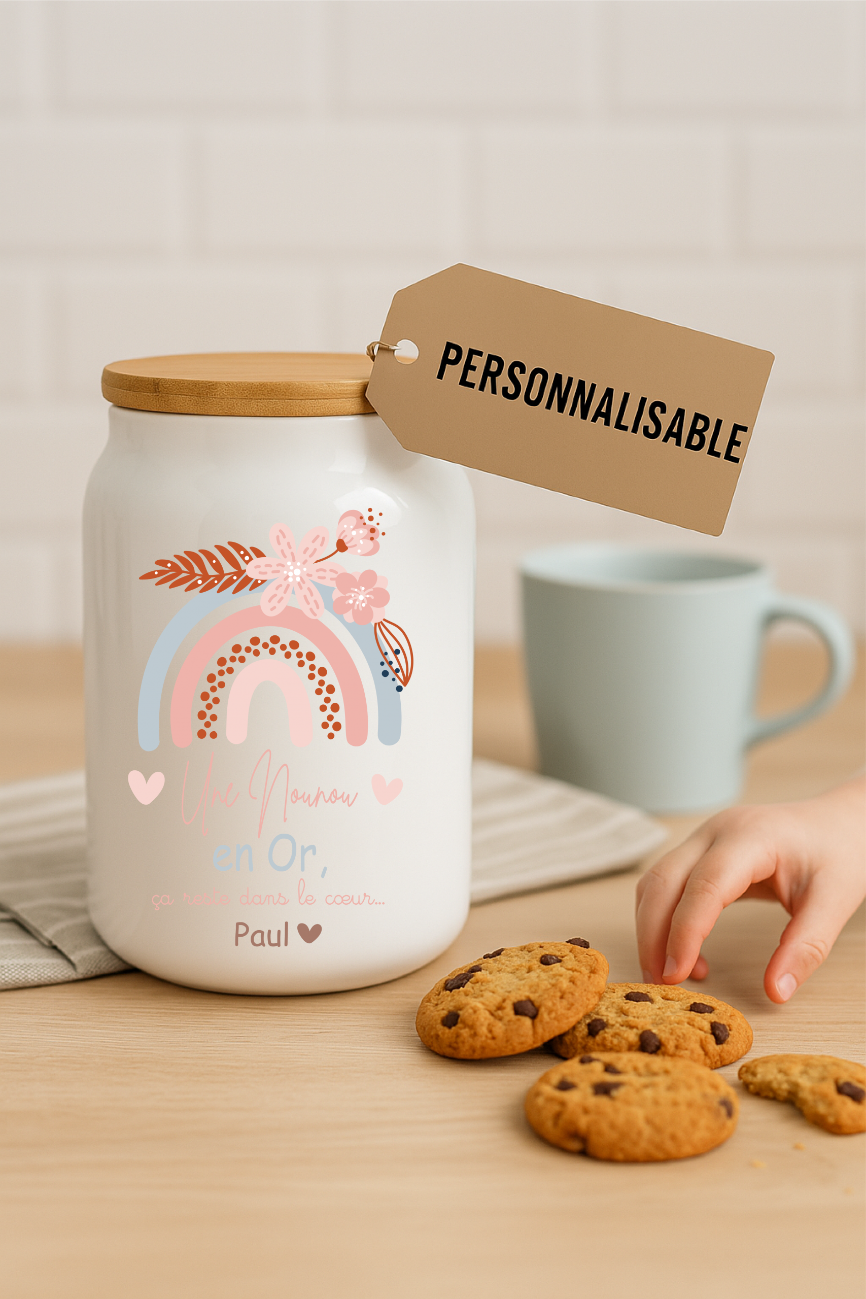 Pot à cookies personnalisable 500 ml “Une nounou en or” – Cadeau nounou – Cadeau fête des nounous ou Noël – Pot à biscuit céramique avec couvercle bambou – Image 2