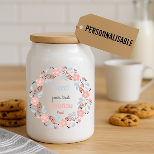 Pot à cookies personnalisable 500 ml “Merci pour tout Nounou” – Cadeau nounou – Cadeau fête des nounous ou Noël – Pot à biscuits céramique