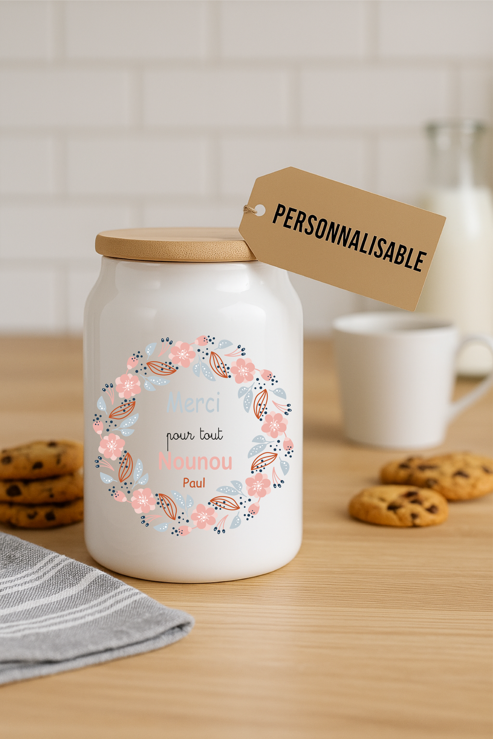 Pot à cookies personnalisable 500 ml “Merci pour tout Nounou” – Cadeau nounou – Cadeau fête des nounous ou Noël – Pot à biscuits céramique