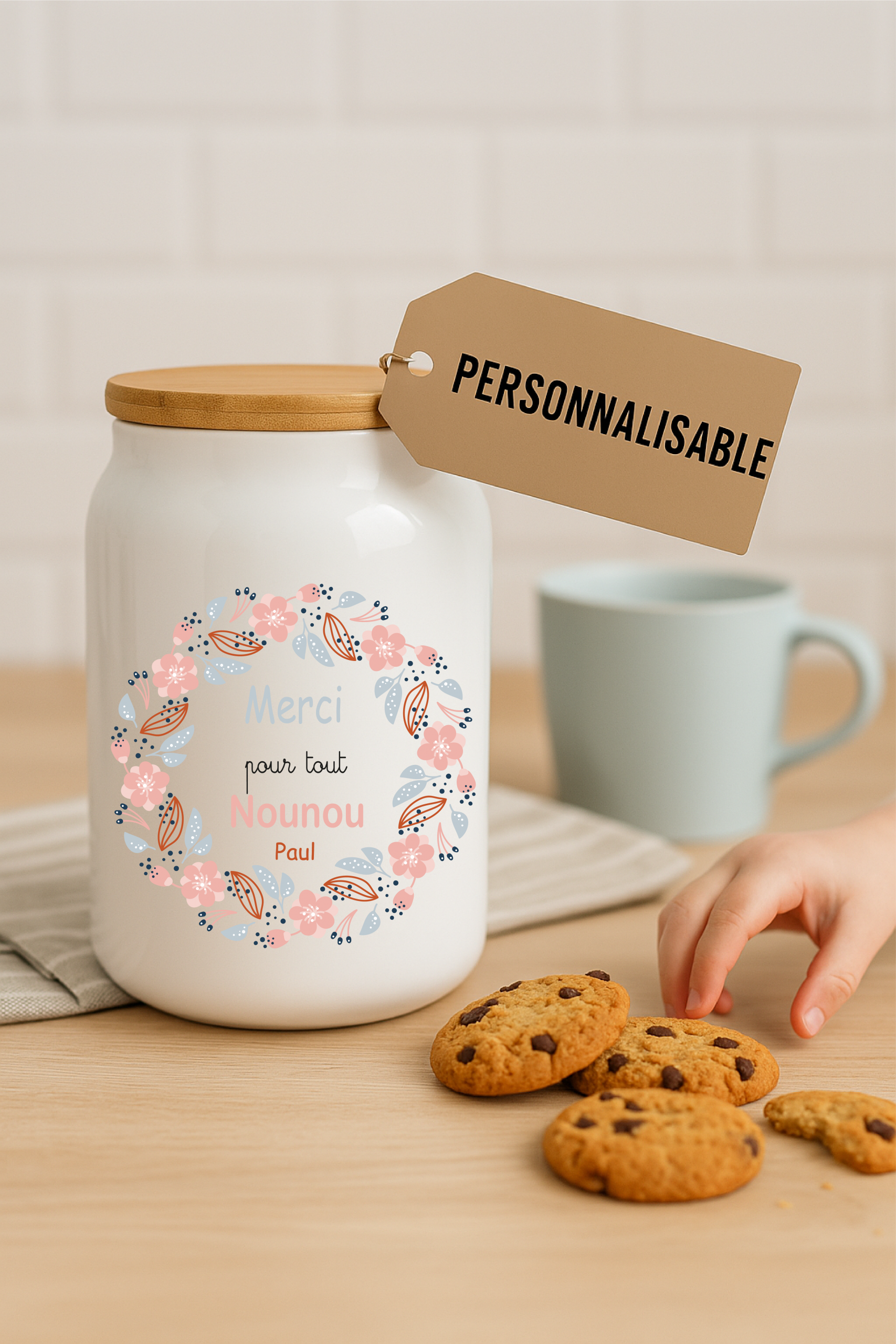 Pot à cookies personnalisable 500 ml “Merci pour tout Nounou” – Cadeau nounou – Cadeau fête des nounous ou Noël – Pot à biscuits céramique – Image 2