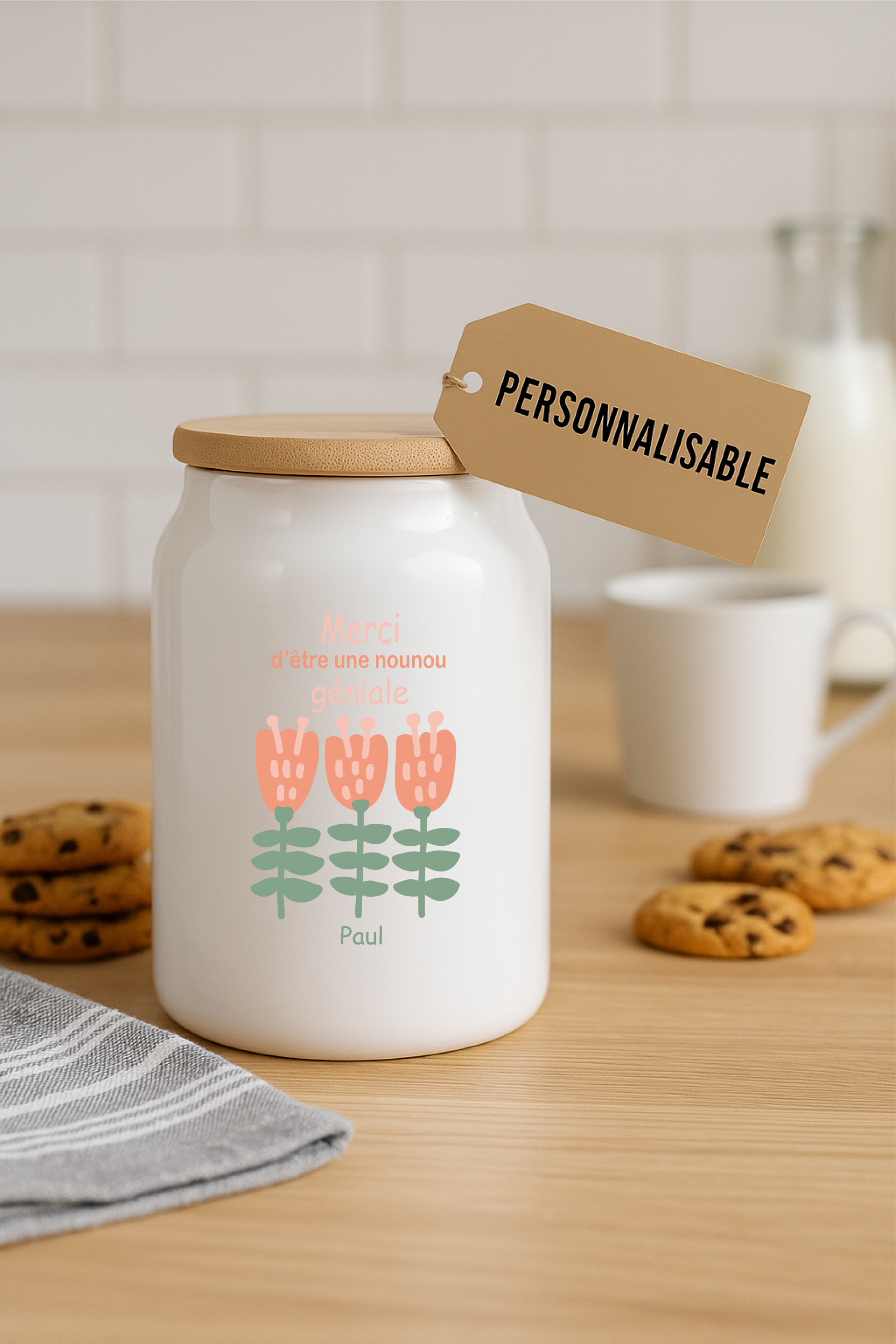 Pot à cookies personnalisable 500 ml “Merci d’être une nounou géniale” – Cadeau nounou – Cadeau fête des nounous ou Noël – Pot à biscuits céramique – Image 3