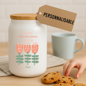 Pot à cookies personnalisable 500 ml “Merci d’être une nounou géniale” – Cadeau nounou – Cadeau fête des nounous ou Noël – Pot à biscuits céramique