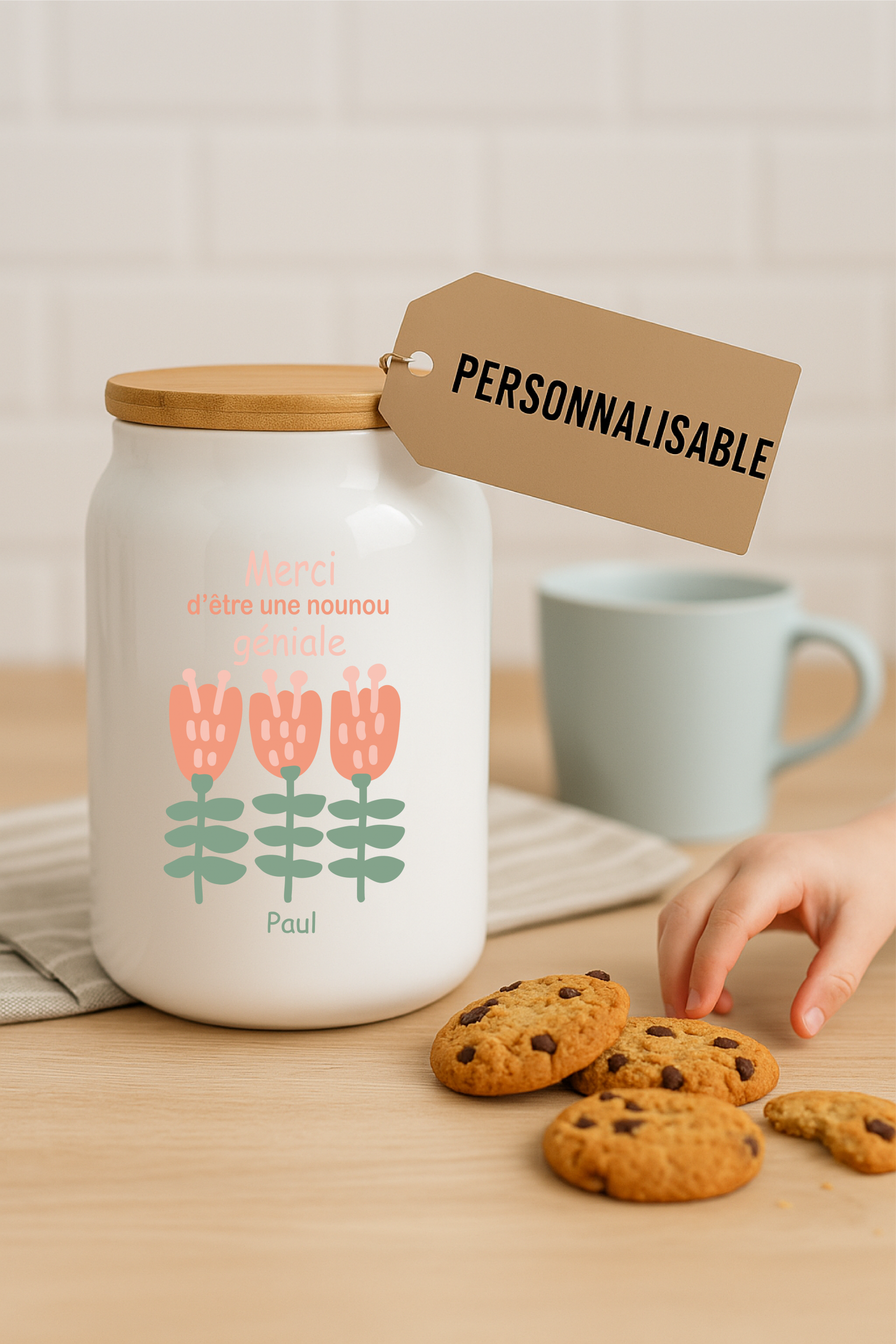 Pot à cookies personnalisable 500 ml “Merci d’être une nounou géniale” – Cadeau nounou – Cadeau fête des nounous ou Noël – Pot à biscuits céramique