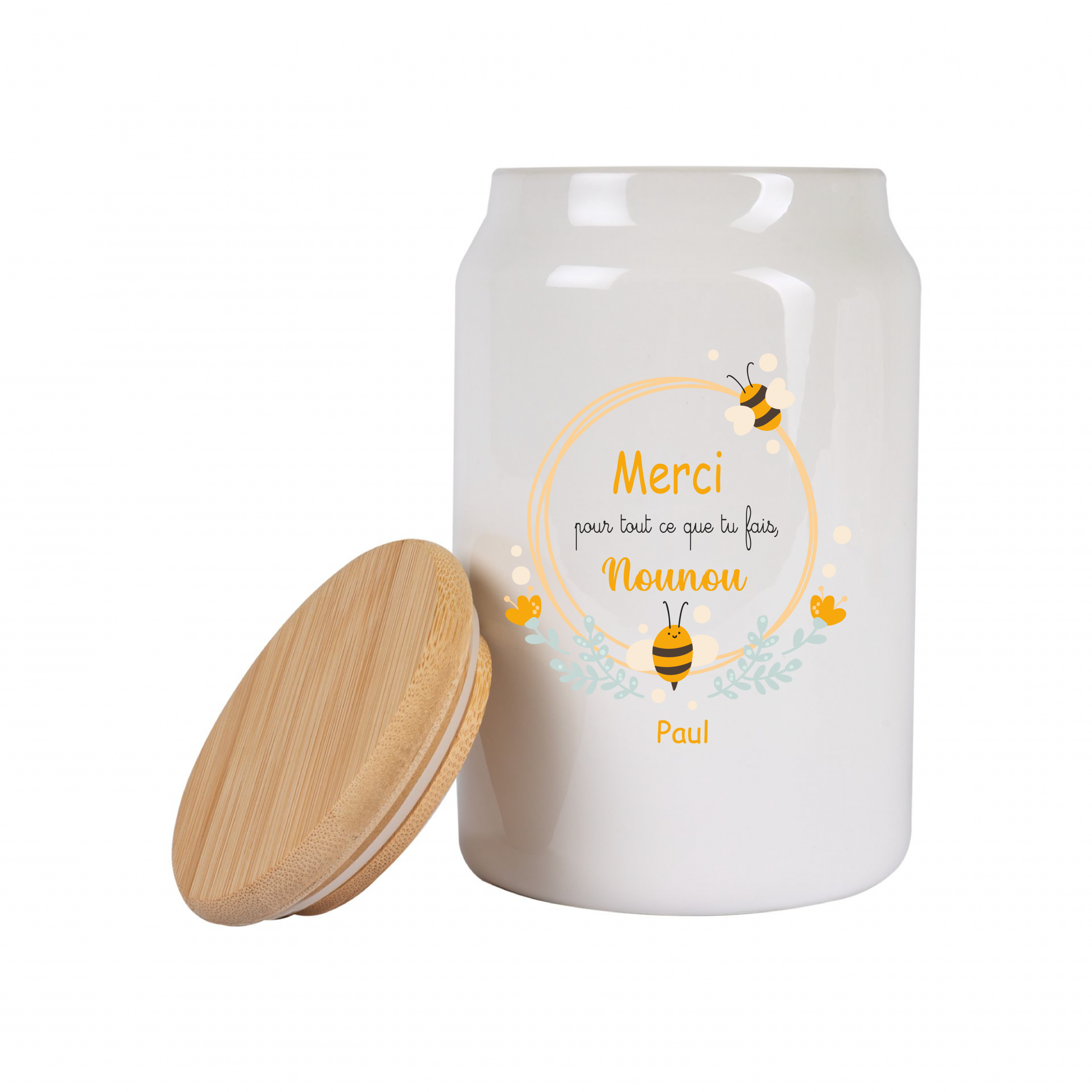 Pot à cookies personnalisable 500 ml “Merci Nounou” – Cadeau nounou abeilles – Cadeau fête des nounous ou Noël – Pot à biscuits céramique avec couvercle bambou – Image 6