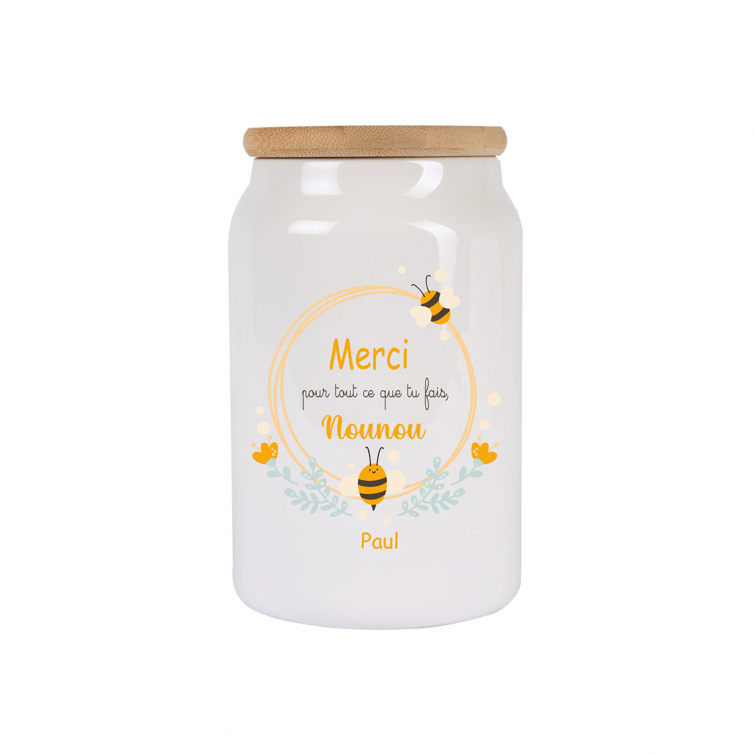 Pot à cookies personnalisable 500 ml “Merci Nounou” – Cadeau nounou abeilles – Cadeau fête des nounous ou Noël – Pot à biscuits céramique avec couvercle bambou – Image 5