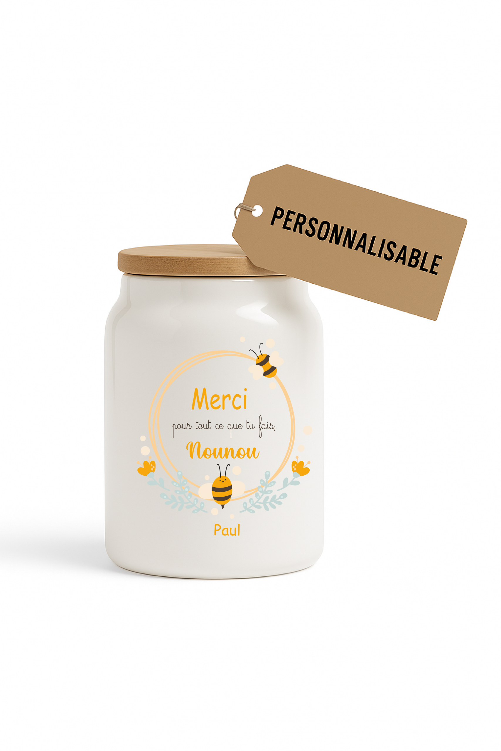 Pot à cookies personnalisable 500 ml “Merci Nounou” – Cadeau nounou abeilles – Cadeau fête des nounous ou Noël – Pot à biscuits céramique avec couvercle bambou – Image 4