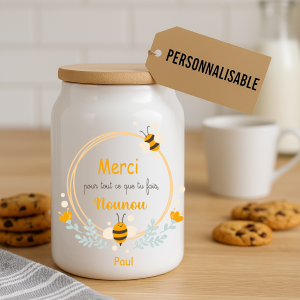 Pot à cookies personnalisable 500 ml “Merci Nounou” – Cadeau nounou abeilles – Cadeau fête des nounous ou Noël – Pot à biscuits céramique avec couvercle bambou