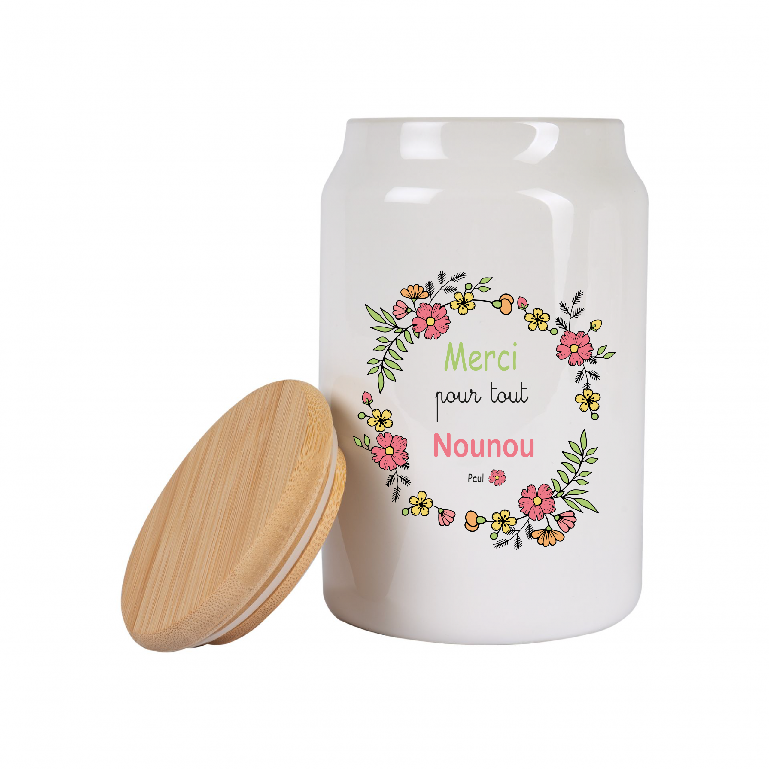 Pot à cookies personnalisable 500 ml “Merci pour tout Nounou” – Cadeau nounou – Cadeau fête des nounous ou Noël – Pot à biscuits céramique avec couvercle bambou – Image 6