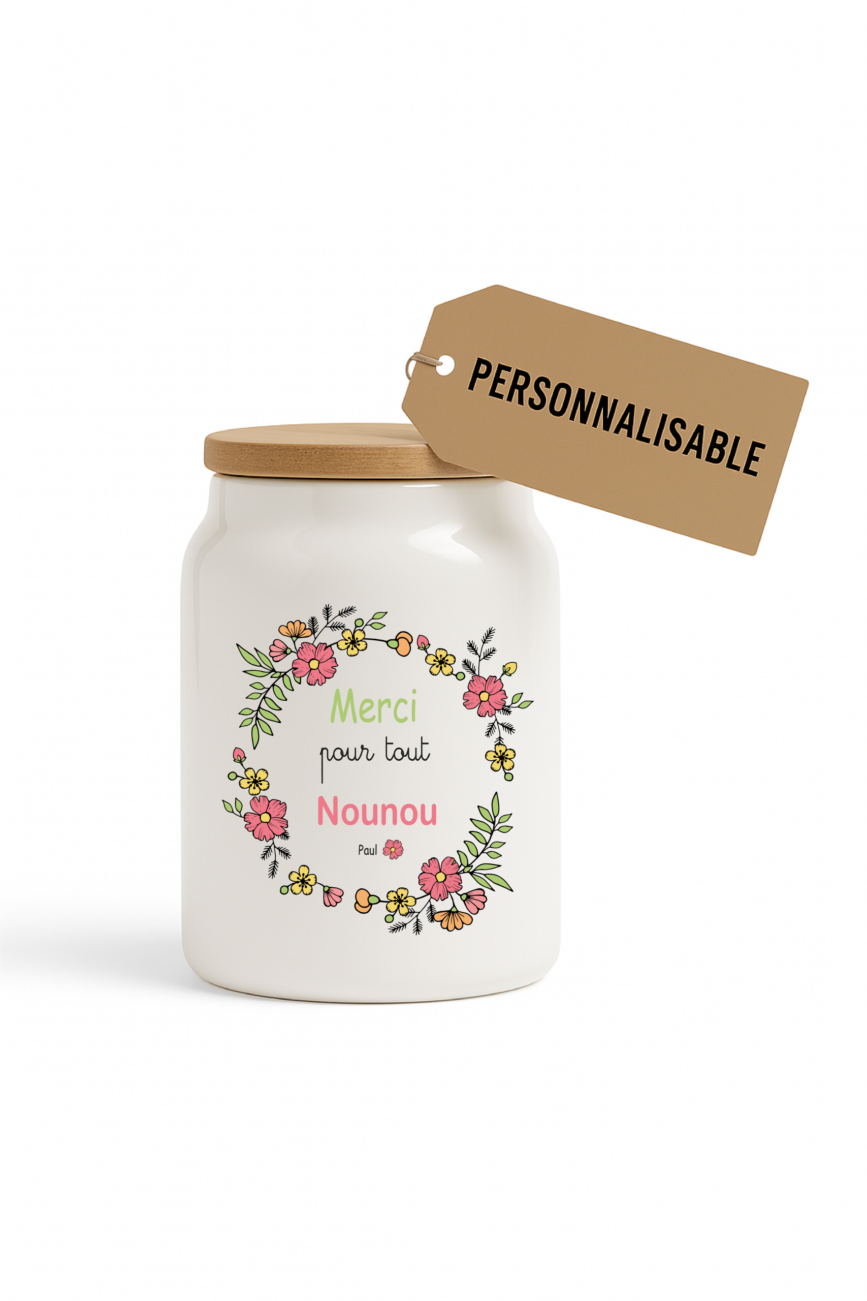 Pot à cookies personnalisable 500 ml “Merci pour tout Nounou” – Cadeau nounou – Cadeau fête des nounous ou Noël – Pot à biscuits céramique avec couvercle bambou – Image 4