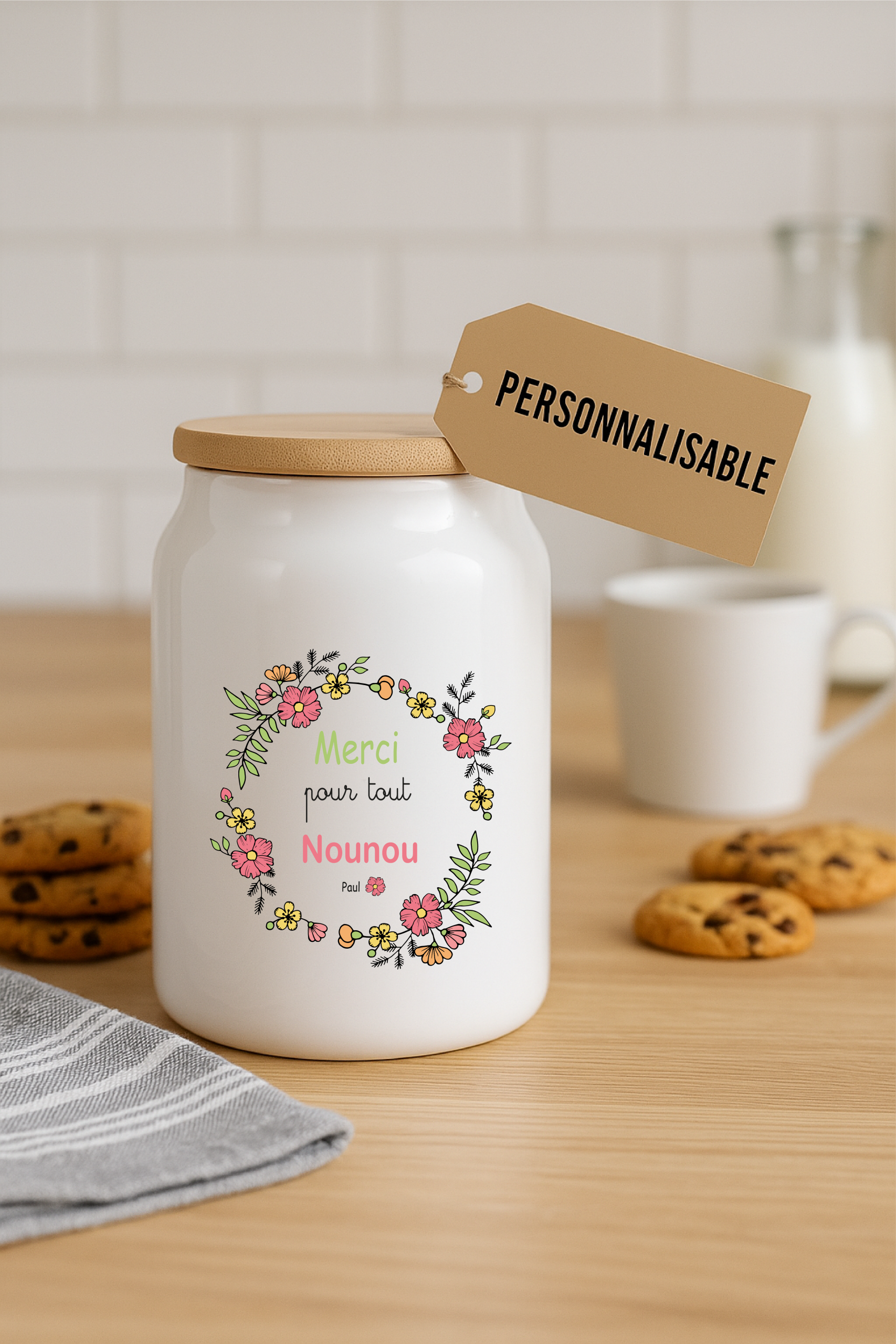 Pot à cookies personnalisable 500 ml “Merci pour tout Nounou” – Cadeau nounou – Cadeau fête des nounous ou Noël – Pot à biscuits céramique avec couvercle bambou – Image 3