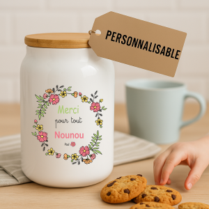 Pot à cookies personnalisable 500 ml “Merci pour tout Nounou” – Cadeau nounou – Cadeau fête des nounous ou Noël – Pot à biscuits céramique avec couvercle bambou