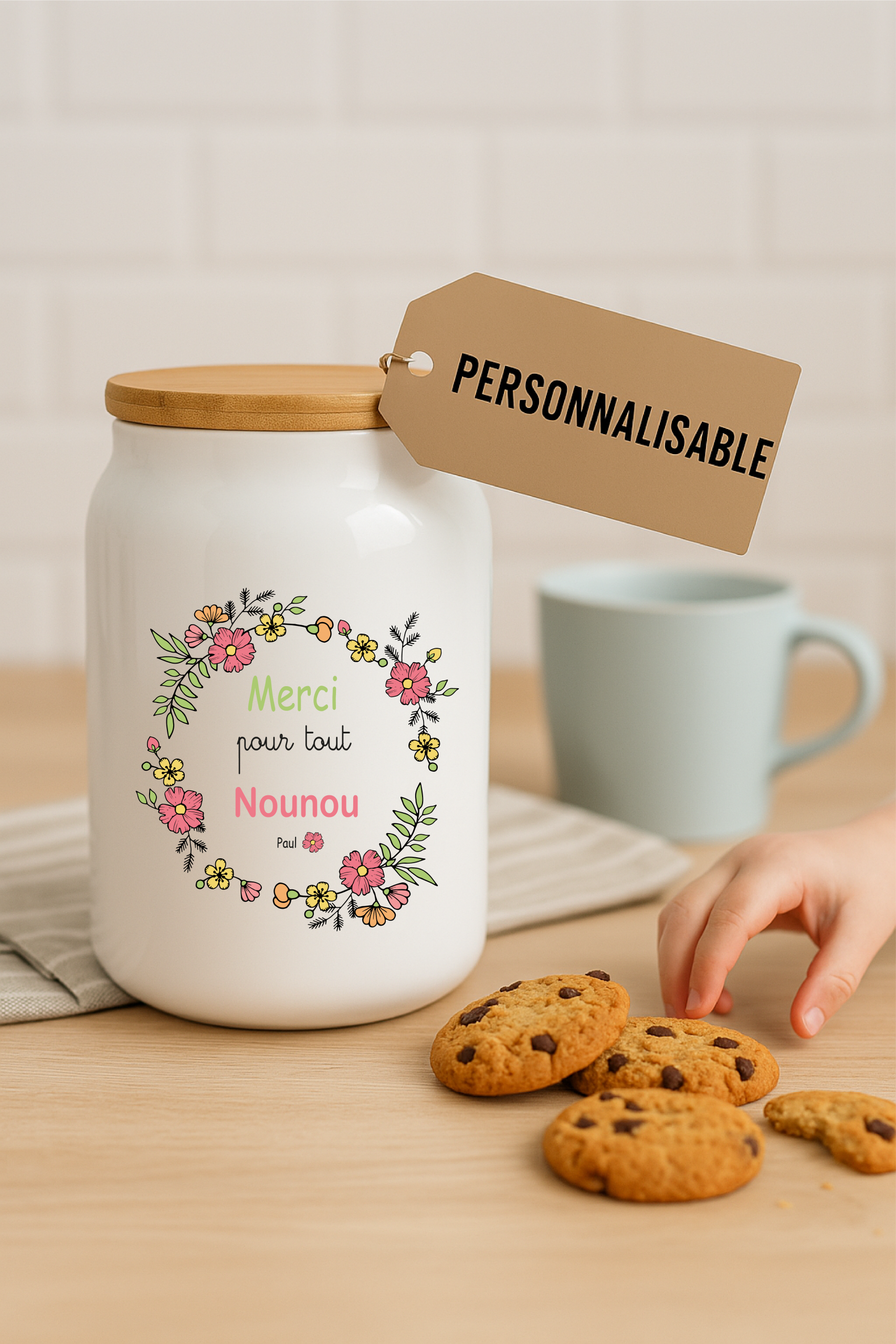 Pot à cookies personnalisable 500 ml “Merci pour tout Nounou” – Cadeau nounou – Cadeau fête des nounous ou Noël – Pot à biscuits céramique avec couvercle bambou
