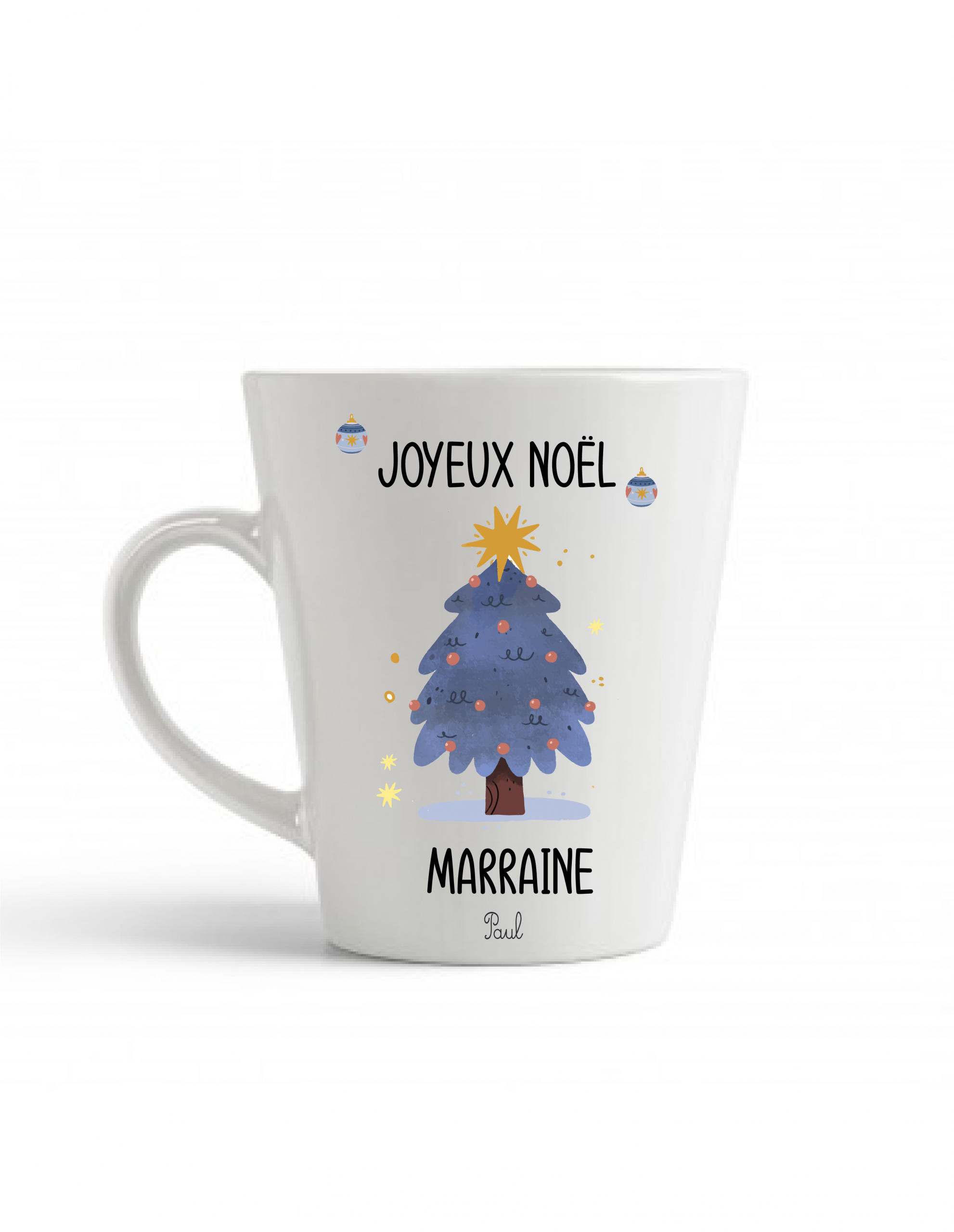 Mug Joyeux Noël Marraine personnalisé — Peut faire aussi Tata, Nounou, Parrain — Cadeau Noël personnalisé avec prénom enfant — Tasse cadeau fin d’année