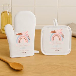 Set gant et manique personnalisés – Une nounou en or – Cadeau de fin d’année, Noël ou fête des nounous – Cadeau personnalisé avec prénom