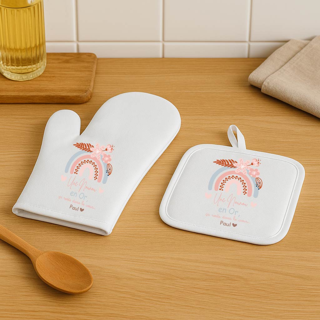 Set gant et manique personnalisés – Une nounou en or – Cadeau de fin d’année, Noël ou fête des nounous – Cadeau personnalisé avec prénom – Image 4