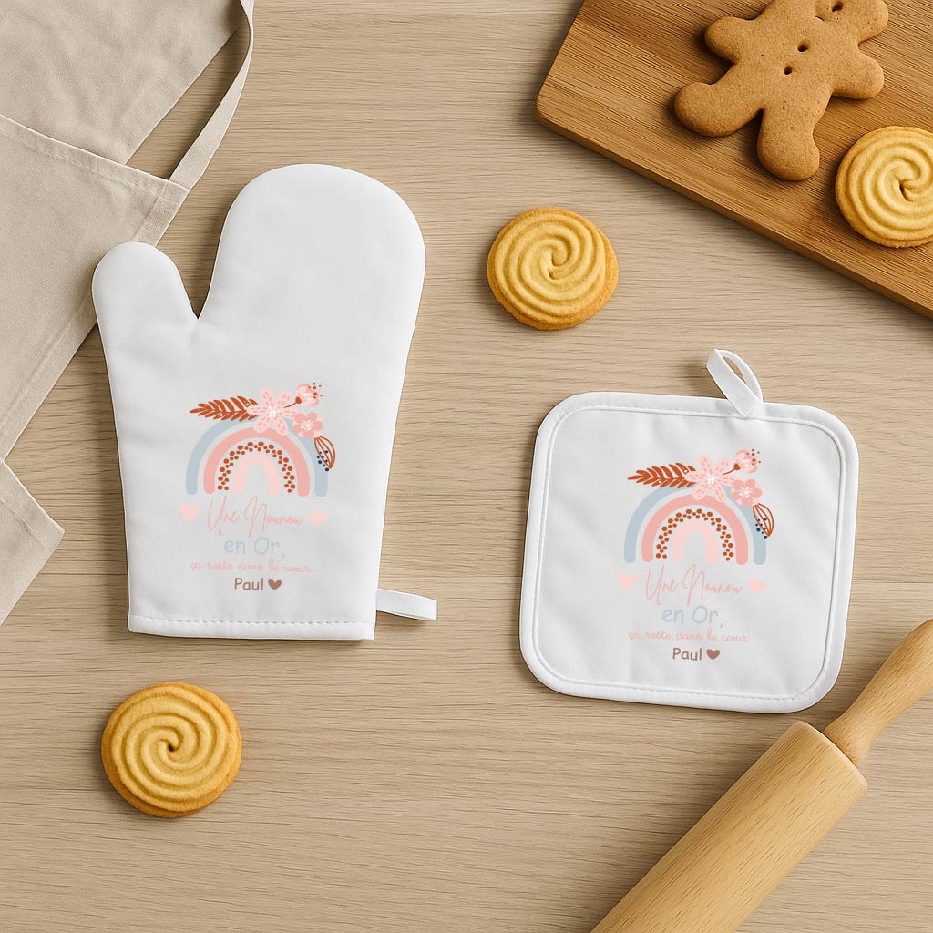 Set gant et manique personnalisés – Une nounou en or – Cadeau de fin d’année, Noël ou fête des nounous – Cadeau personnalisé avec prénom – Image 2