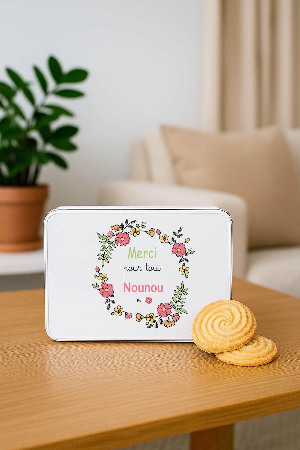 Boîte à biscuits personnalisée “Merci Nounou” – Cadeau fête des nounous ou Noël – Boîte en métal prénom enfant – Couronne de fleurs Bébé Panda – Image 4