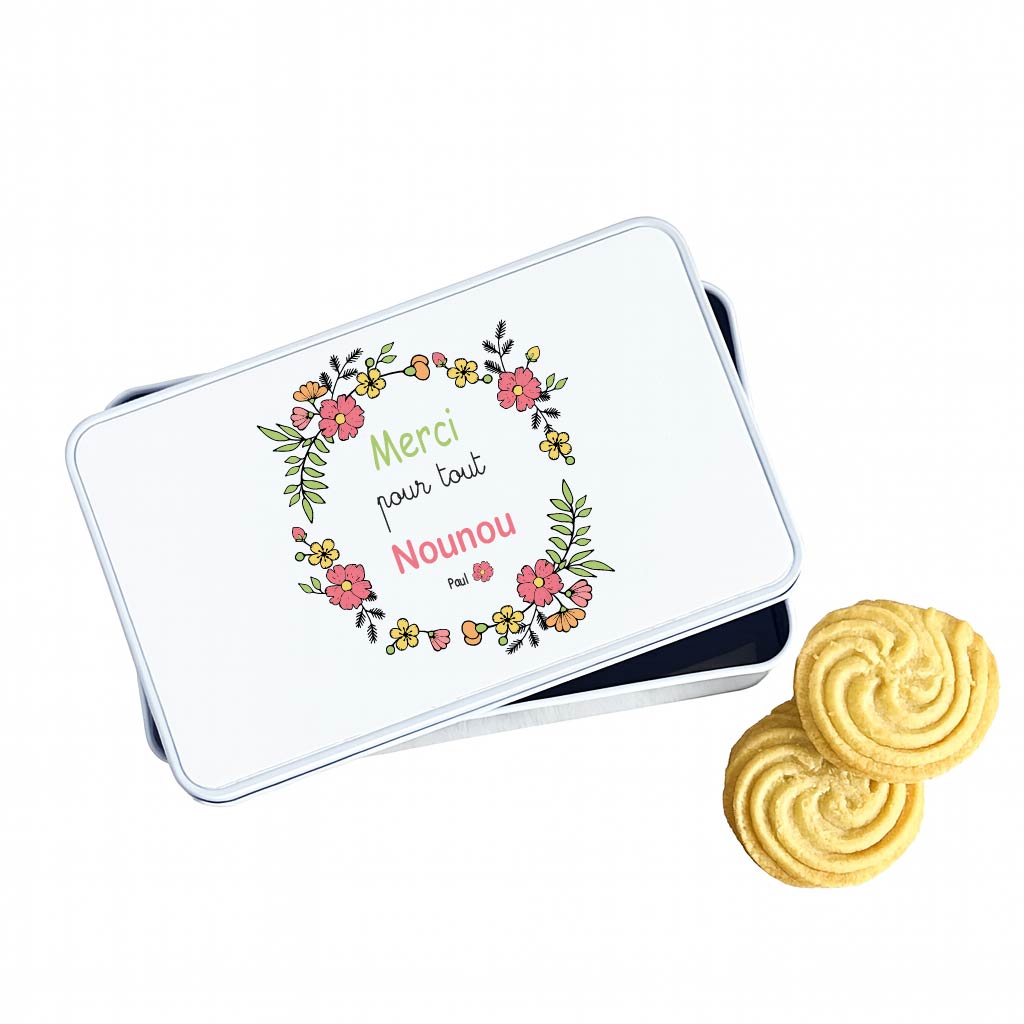 Boîte à biscuits personnalisée “Merci Nounou” – Cadeau fête des nounous ou Noël – Boîte en métal prénom enfant – Couronne de fleurs Bébé Panda – Image 2