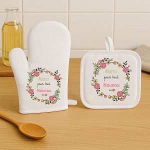 Set gant et manique personnalisés – Merci pour tout Nounou – Cadeau fête des nounous ou Noël – Cadeau fin d’année assistante maternelle – Personnalisé avec prénom – Bébé Panda