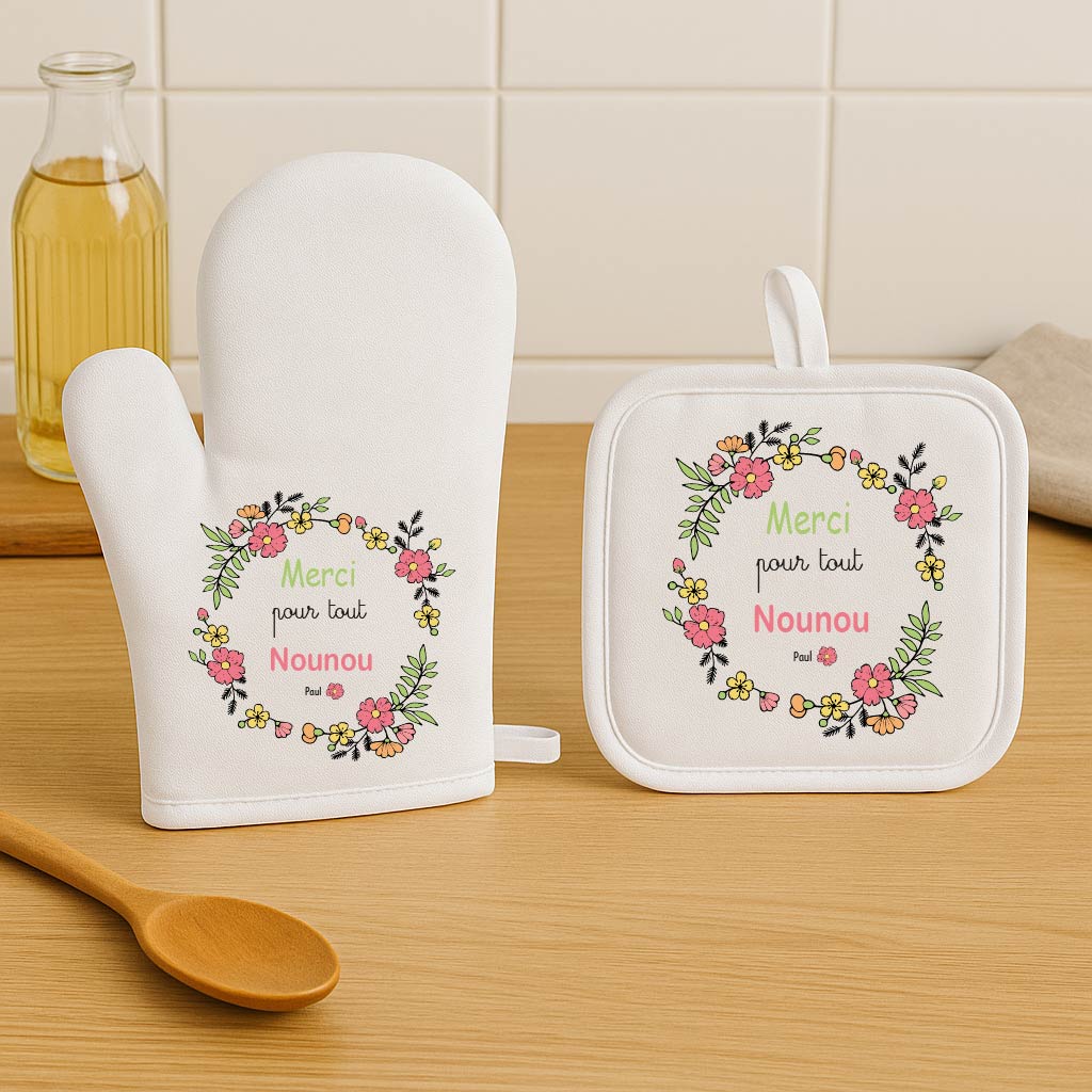 Set gant et manique personnalisés – Merci pour tout Nounou – Cadeau fête des nounous ou Noël – Cadeau fin d’année assistante maternelle – Personnalisé avec prénom – Bébé Panda