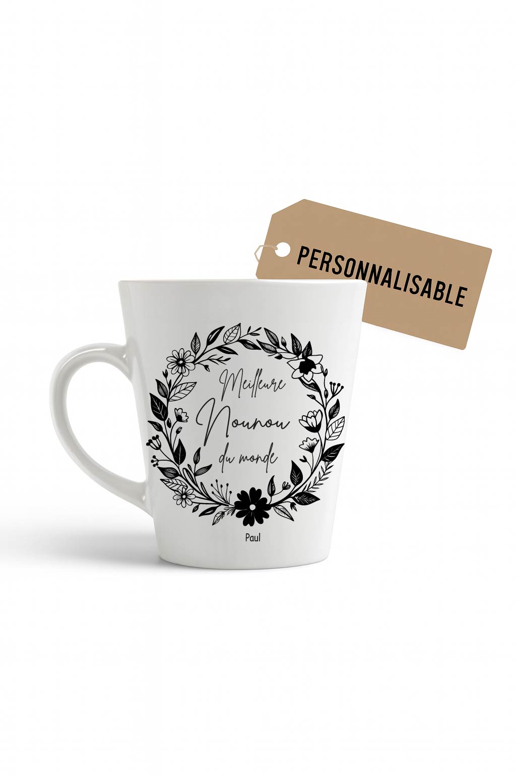 Mug conique “Meilleure Nounou du monde” personnalisé – Cadeau nounou fin d’année ou Noël – Tasse fleurie Bébé Panda – Image 2
