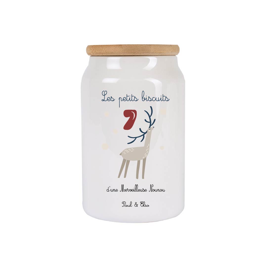 Bocal à biscuits personnalisable – Cadeau Noël Mamie / Marraine / Nounou – Texte modifiable + prénoms – Pot céramique avec couvercle bois – Image 6