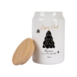 Pot à cookies personnalisable – Cadeau Noël Marraine / Mamie / Nounou – Texte au choix – Bocal céramique avec couvercle bois