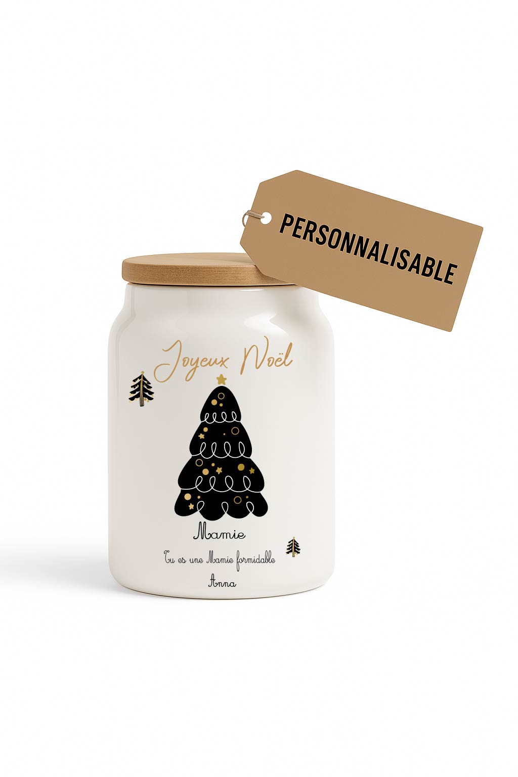 Pot à cookies personnalisable – Cadeau Noël Marraine / Mamie / Nounou – Texte au choix – Bocal céramique avec couvercle bois – Image 4