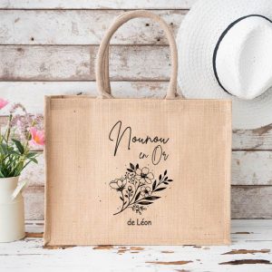 Sac en jute personnalisé "Meilleure Nounou du monde" – Cadeau nounou, idée cadeau Noël, fin d’année, personnalisé avec prénom – Bébé Panda