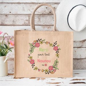 Sac en jute “Merci pour tout Nounou” personnalisé – Cadeau nounou fin d’année ou Noël – Sac cabas fleuri – Bébé Panda