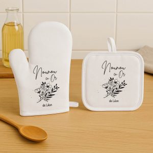 Set gant et manique personnalisés – Nounou en or – Cadeau de Noël ou fête des nounous – Cadeau personnalisé avec prénom – Bébé Panda