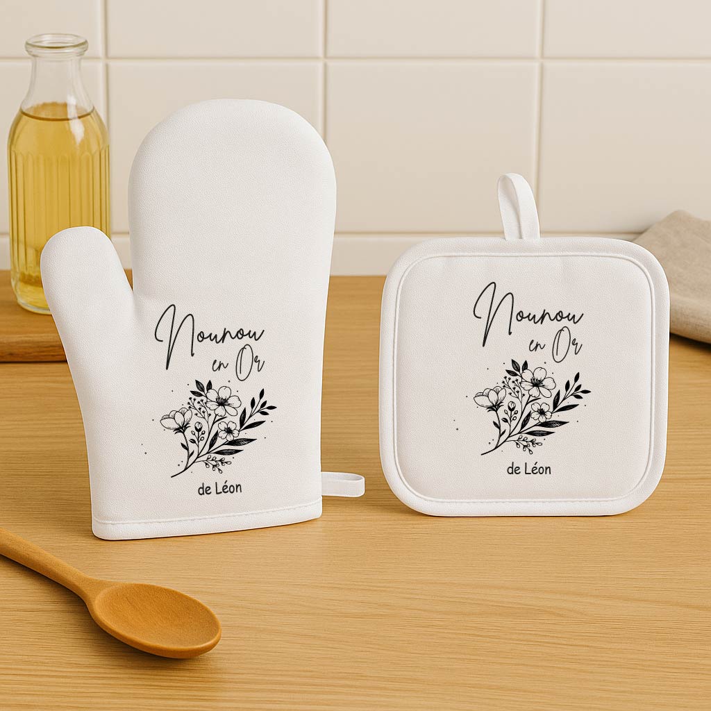 Set gant et manique personnalisés – Nounou en or – Cadeau de Noël ou fête des nounous – Cadeau personnalisé avec prénom – Bébé Panda