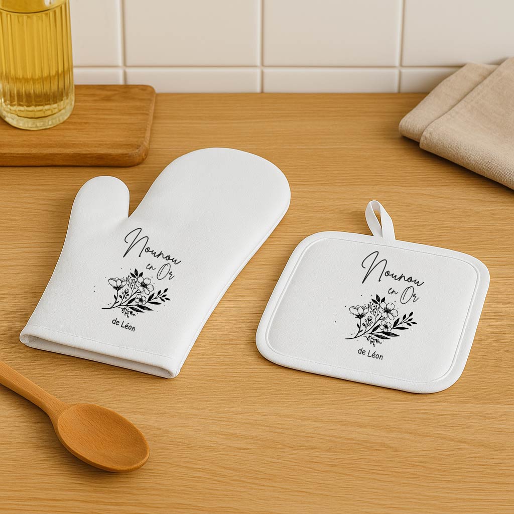 Set gant et manique personnalisés – Nounou en or – Cadeau de Noël ou fête des nounous – Cadeau personnalisé avec prénom – Bébé Panda – Image 4