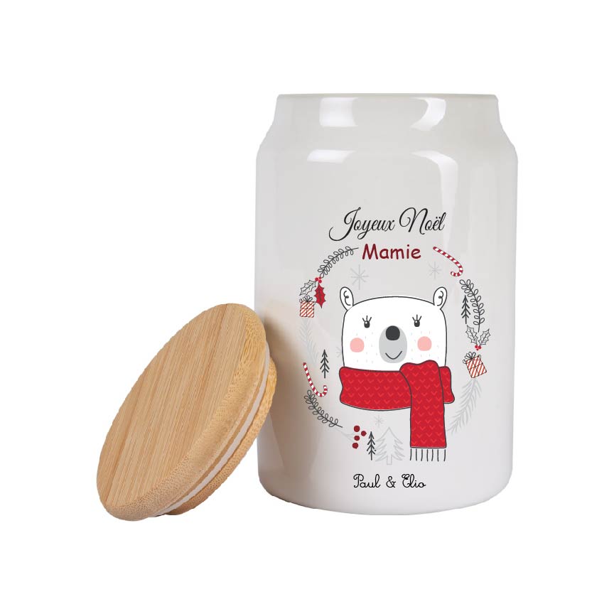Bocal à biscuits Noël personnalisé – Ours – Surnom au choix (Mamie, Marraine, Nounou…) + prénoms – Cadeau Noël personnalisé famille