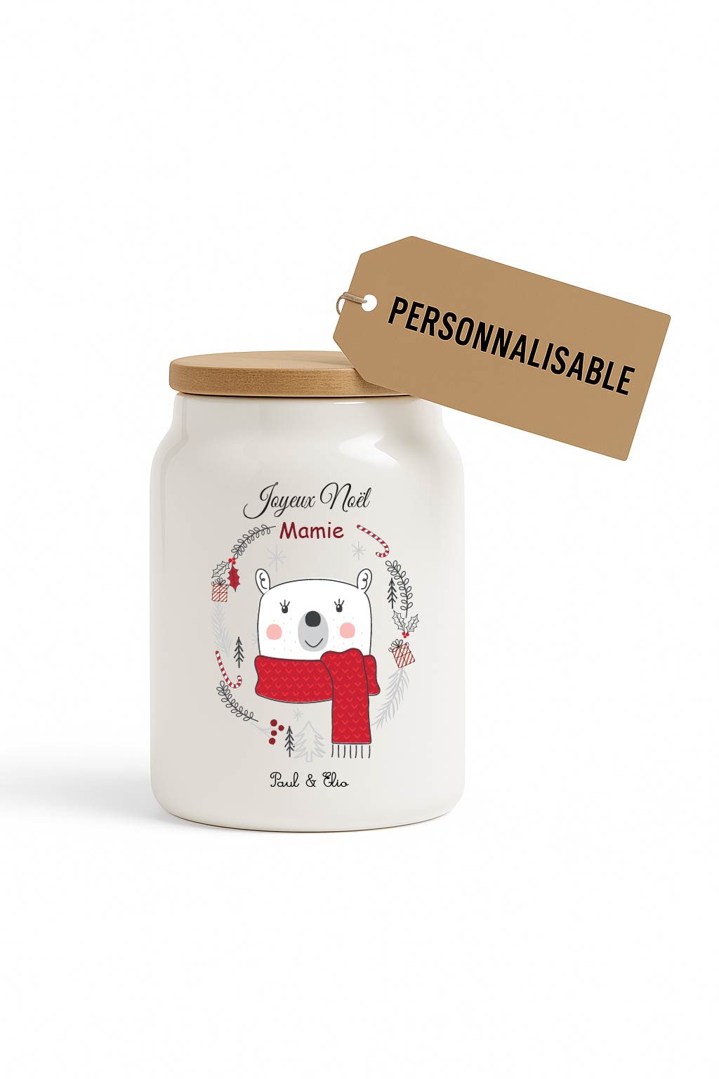 Bocal à biscuits Noël personnalisé – Ours – Surnom au choix (Mamie, Marraine, Nounou…) + prénoms – Cadeau Noël personnalisé famille – Image 4