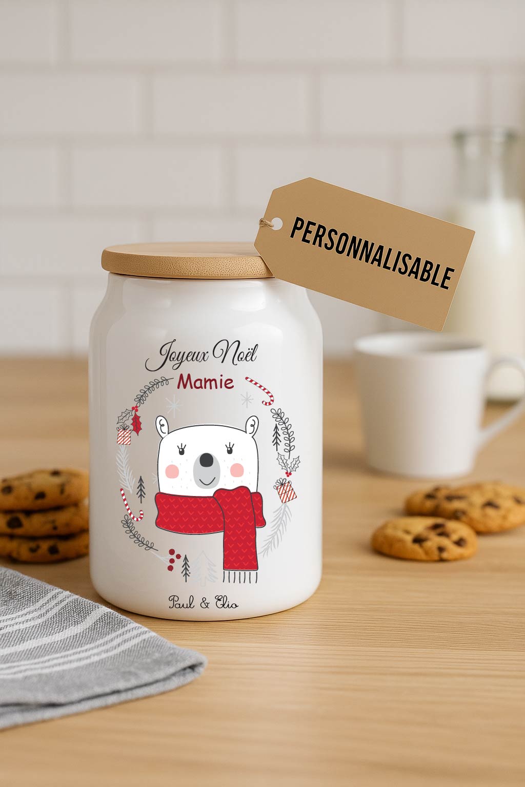Bocal à biscuits Noël personnalisé – Ours – Surnom au choix (Mamie, Marraine, Nounou…) + prénoms – Cadeau Noël personnalisé famille – Image 3