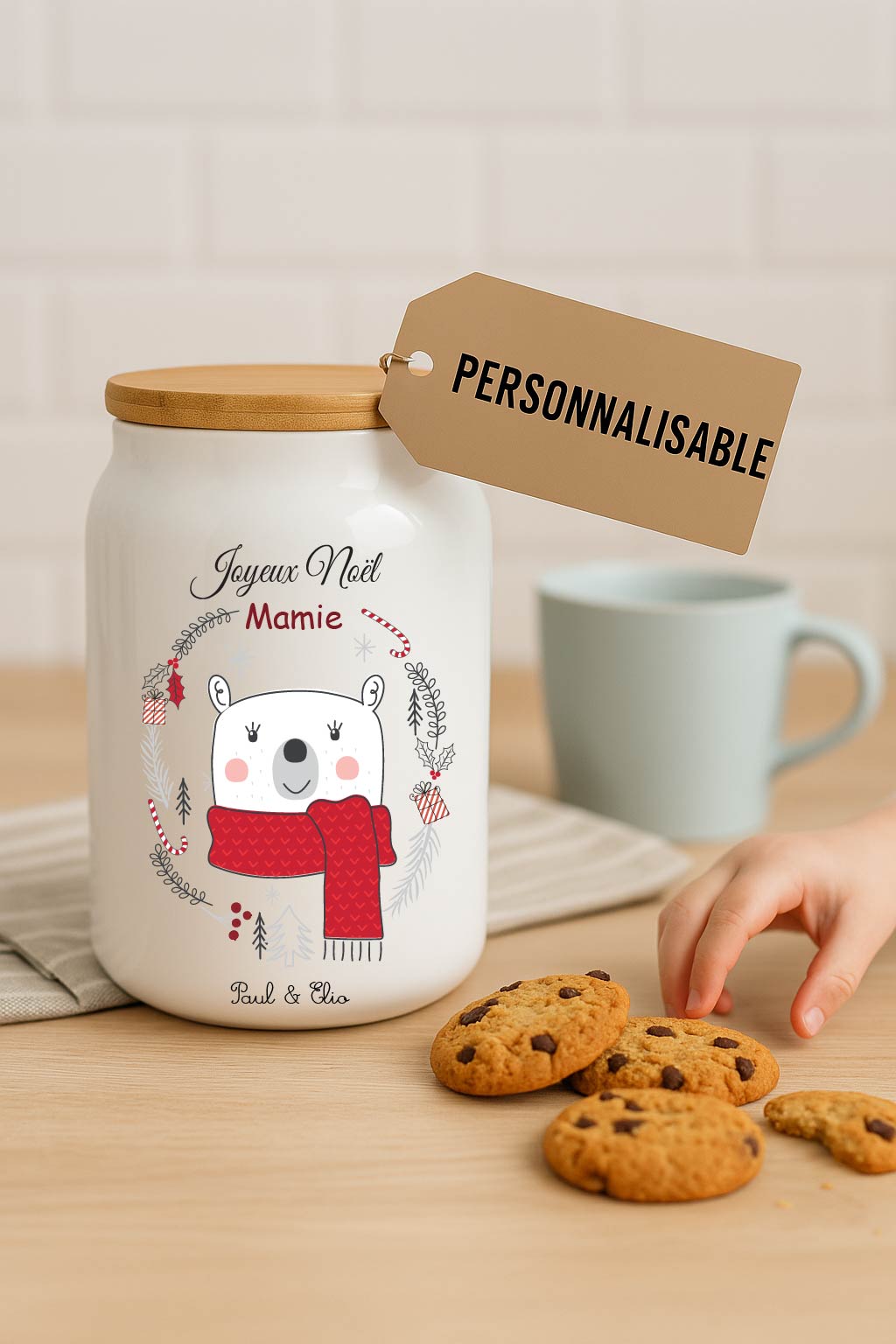 Bocal à biscuits Noël personnalisé – Ours – Surnom au choix (Mamie, Marraine, Nounou…) + prénoms – Cadeau Noël personnalisé famille – Image 2