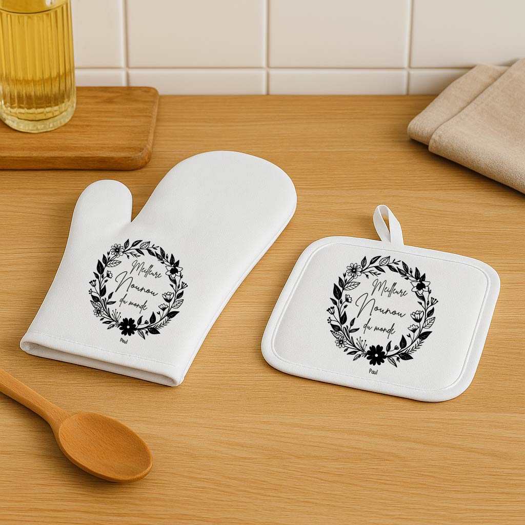 Set gant et manique personnalisés – Meilleure nounou du monde – Cadeau de Noël ou fête des nounous – Cadeau personnalisé avec prénom – Image 4