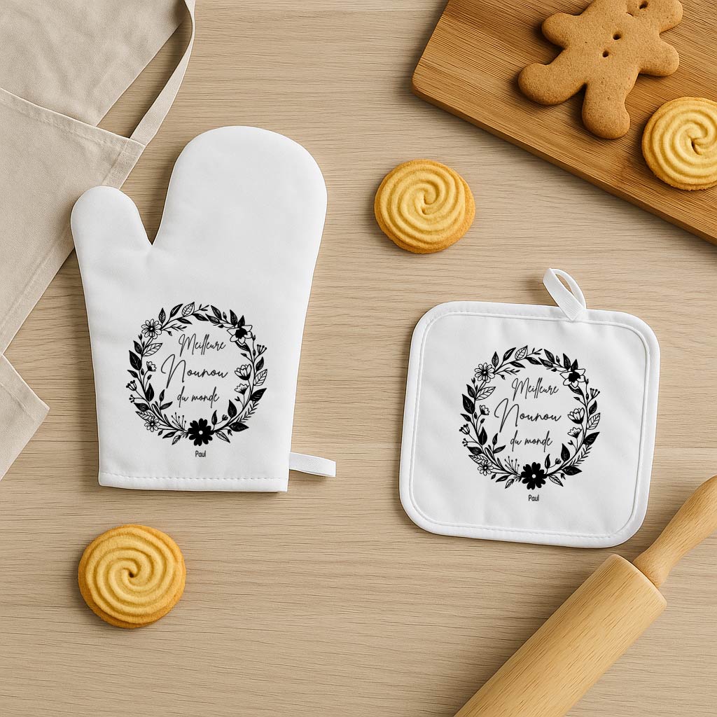 Set gant et manique personnalisés – Meilleure nounou du monde – Cadeau de Noël ou fête des nounous – Cadeau personnalisé avec prénom – Image 2