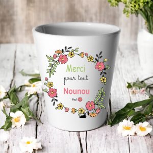 Cache-pot “Merci pour tout Nounou” personnalisé – Cadeau nounou fin d’année ou Noël – Pot céramique fleurs