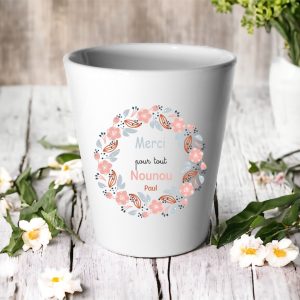 Cache-pot “Merci pour tout Nounou” personnalisé – Cadeau nounou fin d’année ou Noël – Design fleurs pastel