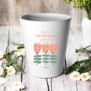 Cache-pot “Merci d’être une nounou géniale” personnalisé – Cadeau nounou fin d’année ou Noël – Pot céramique fleurs –