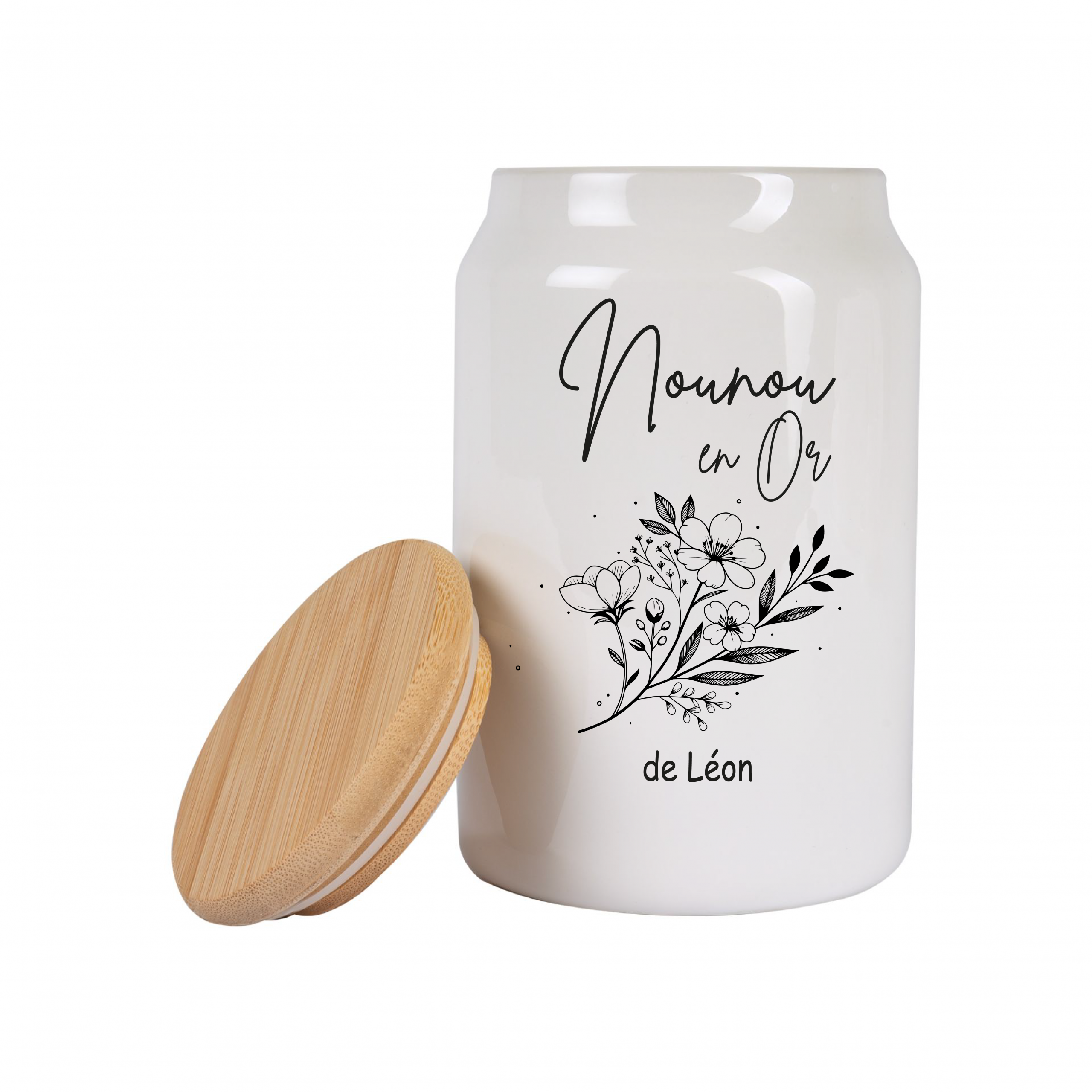 Pot à cookies personnalisable 500 ml “Nounou en Or” – Cadeau nounou – Cadeau fête des nounous ou Noël – Pot à biscuits céramique avec couvercle bambou – Image 6