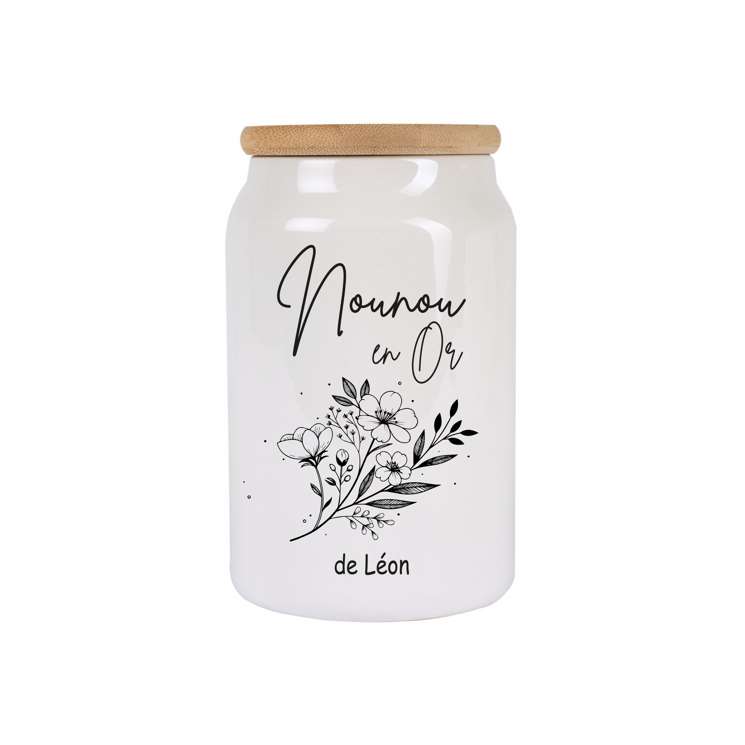 Pot à cookies personnalisable 500 ml “Nounou en Or” – Cadeau nounou – Cadeau fête des nounous ou Noël – Pot à biscuits céramique avec couvercle bambou – Image 5