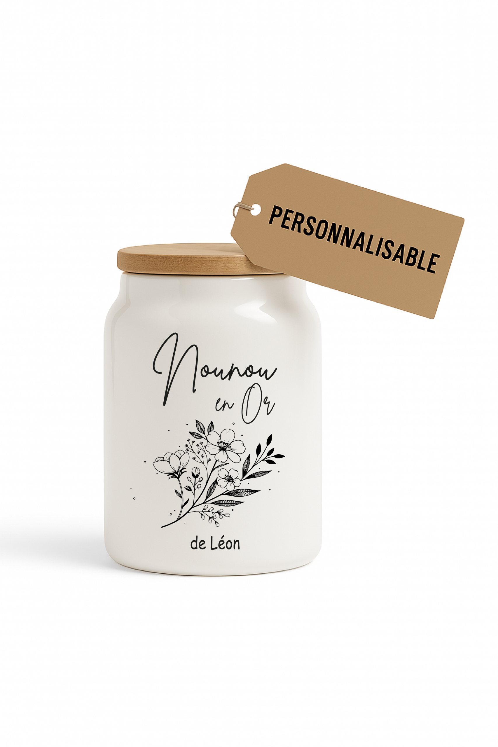 Pot à cookies personnalisable 500 ml “Nounou en Or” – Cadeau nounou – Cadeau fête des nounous ou Noël – Pot à biscuits céramique avec couvercle bambou – Image 4