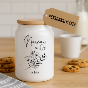 Pot à cookies personnalisable 500 ml “Nounou en Or” – Cadeau nounou – Cadeau fête des nounous ou Noël – Pot à biscuits céramique avec couvercle bambou